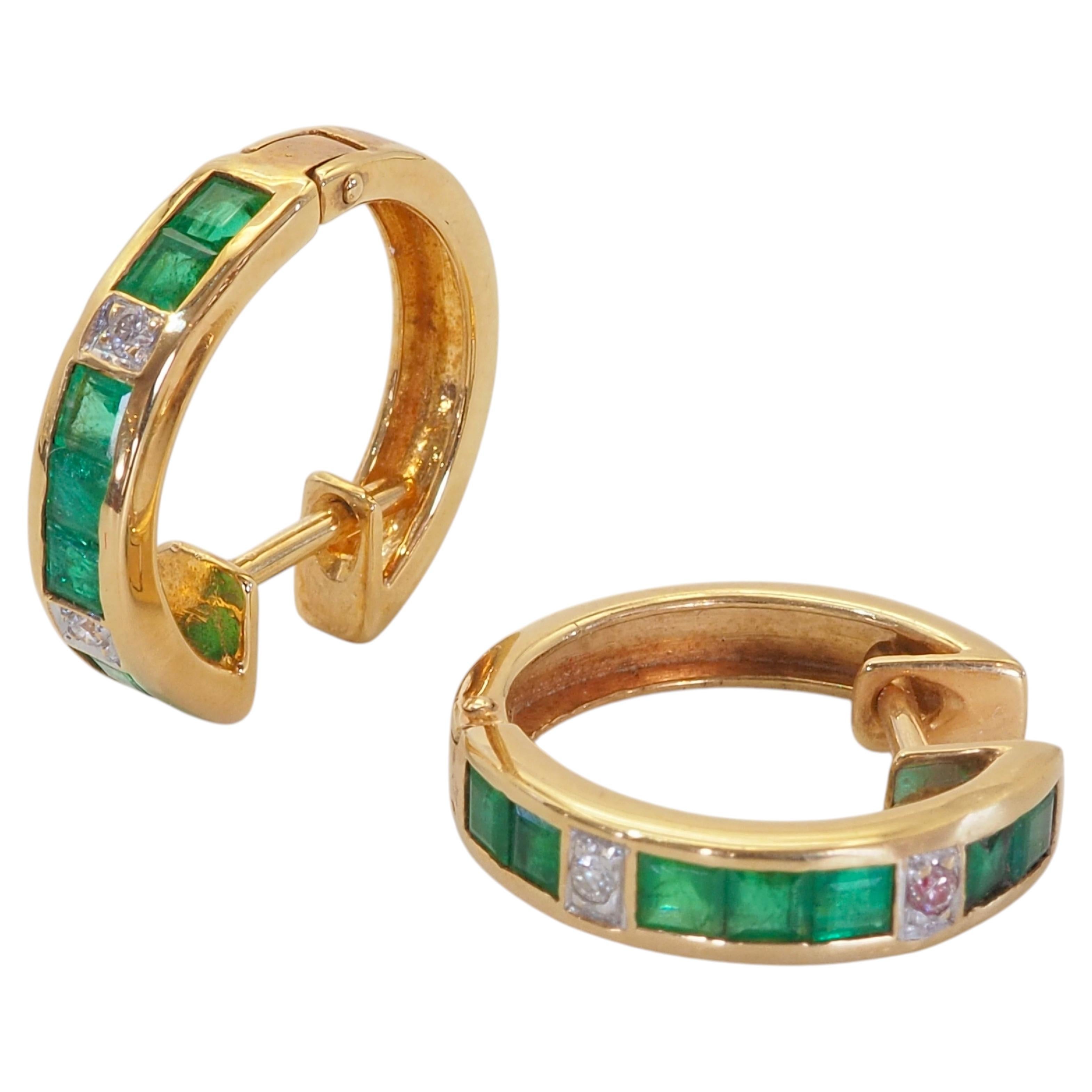 18K Gold 1.00ct Square- Cut Emerald & 0.02ct Diamond Fine Huggies Hoop Earrings