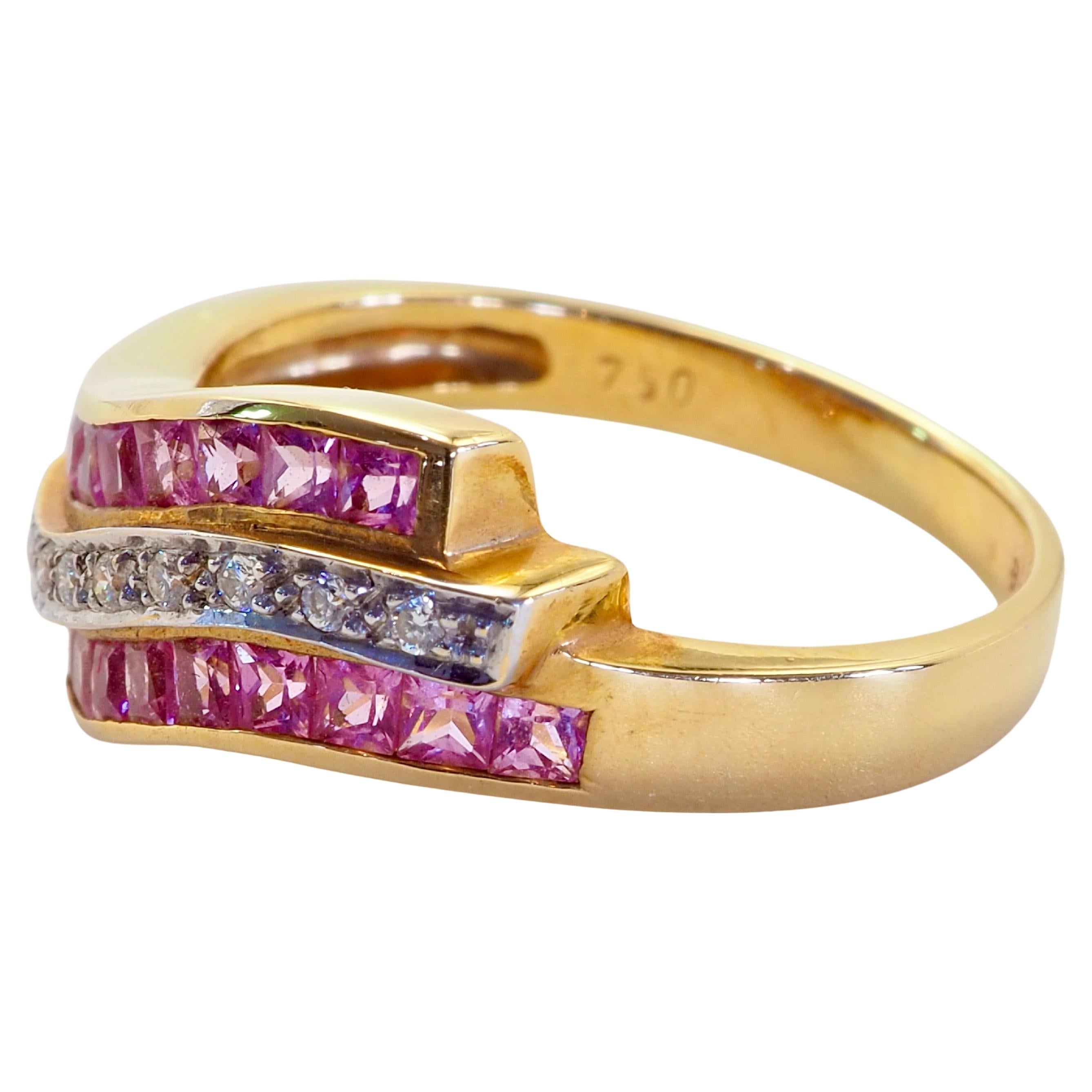 A gorgeous luxury Neo-vintage squared wavy band ring that is most suitable for fashion wear. This ring has two rows of beautiful squared pink sapphires, and one row of brilliant cut diamonds channeled nicely into the band. The square cut sapphires