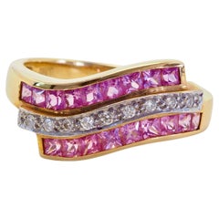 18K Gold 1.00ct Squared Pink Sapphire & 0.07ct Diamond Wavy Band Ring