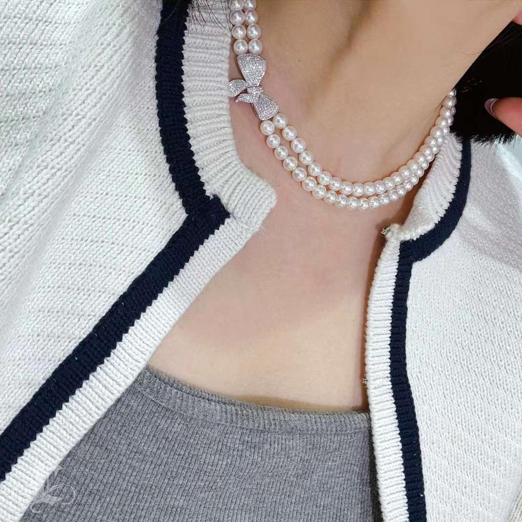 Uncut 【 Sculpted Geometry】Couture Twin-Strand Akoya Pearl Necklace with Diamond Ribbon For Sale
