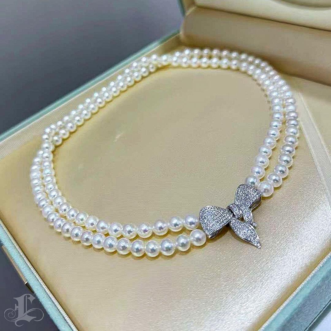 【 Sculpted Geometry】Couture Twin-Strand Akoya Pearl Necklace with Diamond Ribbon For Sale 2