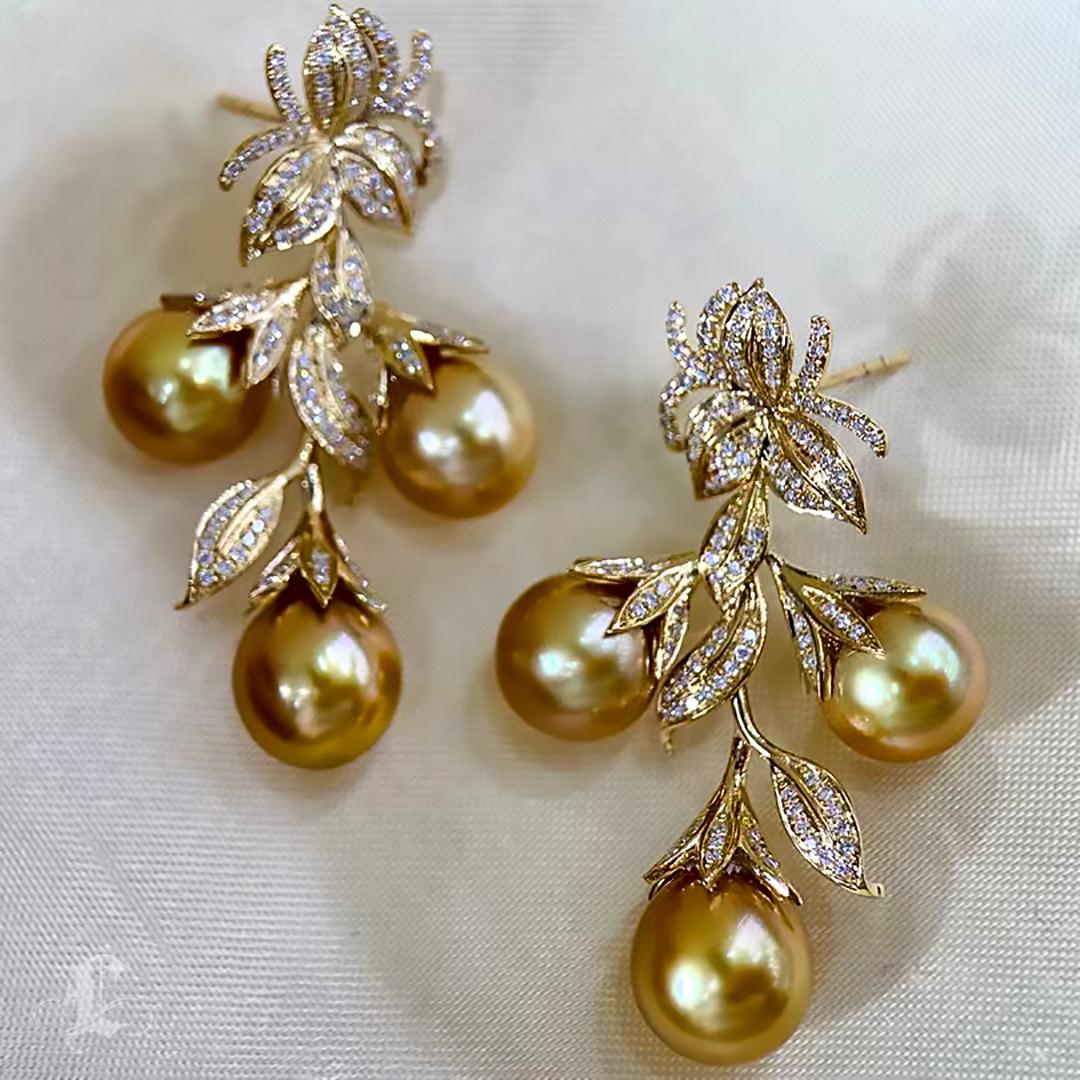 Vine Symphony】Diamant Aurora Goldene Südsee Perle Soirée Tropfen Ohrringe im Zustand „Neu“ im Angebot in New York, NY