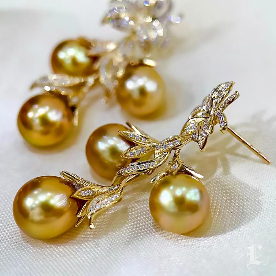 Vine Symphony】Diamant Aurora Goldene Südsee Perle Soirée Tropfen Ohrringe im Angebot 1