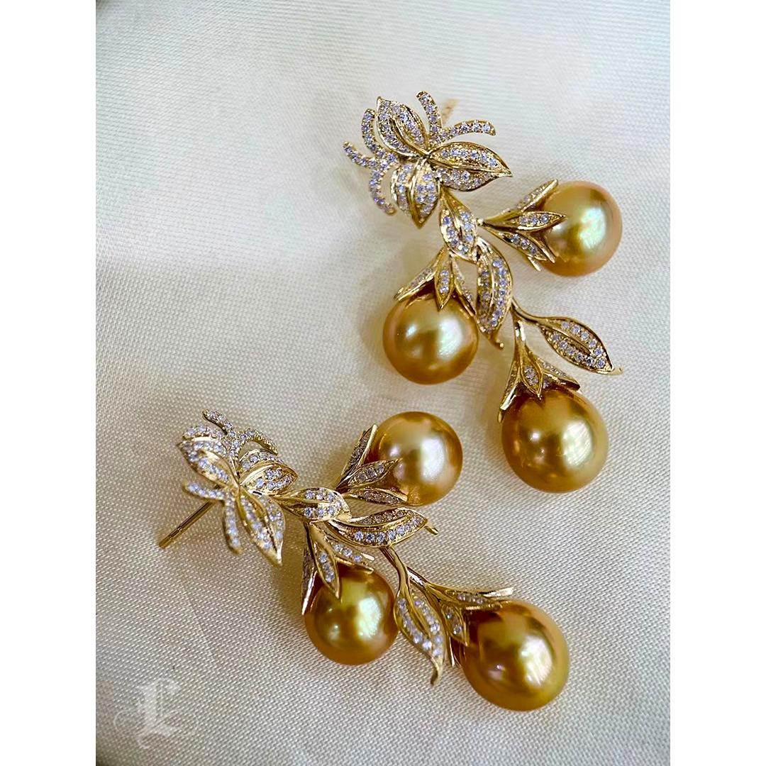 Vine Symphony】Diamant Aurora Goldene Südsee Perle Soirée Tropfen Ohrringe Damen im Angebot
