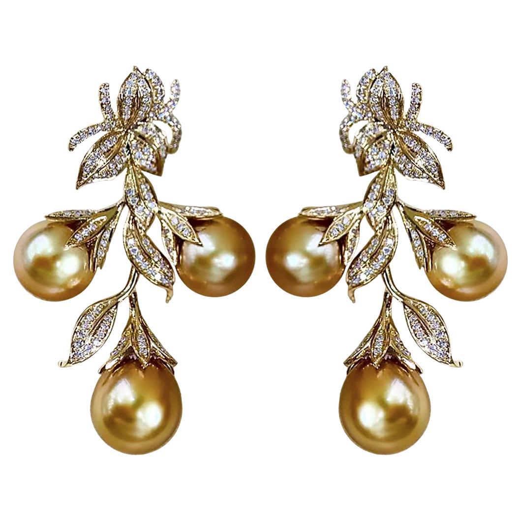 【Vine Symphony】Diamond Aurora Golden South Sea Pearl Soirée Drop Earrings