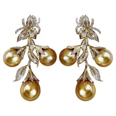 【Vine Symphony】Diamond Aurora Golden South Sea Pearl Soirée Drop Earrings