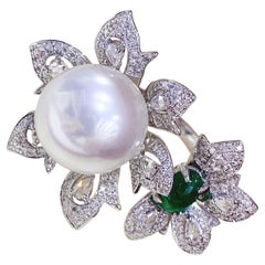 Bague en or 18k 1.02ct Diamond Emerald Aurora 12-13 mm South Sea Pearl Floral Ring