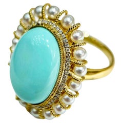 【Caelmare】Empress Turquoise Halo Akoya Pearl Diamond Ring