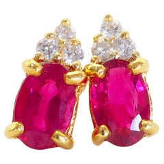 18k Gold 1.03ct Myanmar Red Oval Ruby & 0.10ct Diamond Stud Earrings
