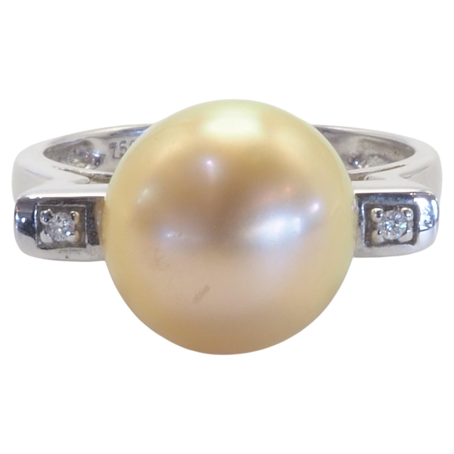 18k White Gold 10.4 mm Golden South Sea Pearl & 0.03ct Diamond Cocktail Ring