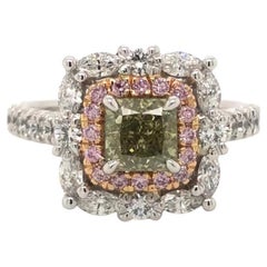 18k Gold 1.04ct Cushion Cut Fancy Grayish Yellowish Green Diamond Halo Ring