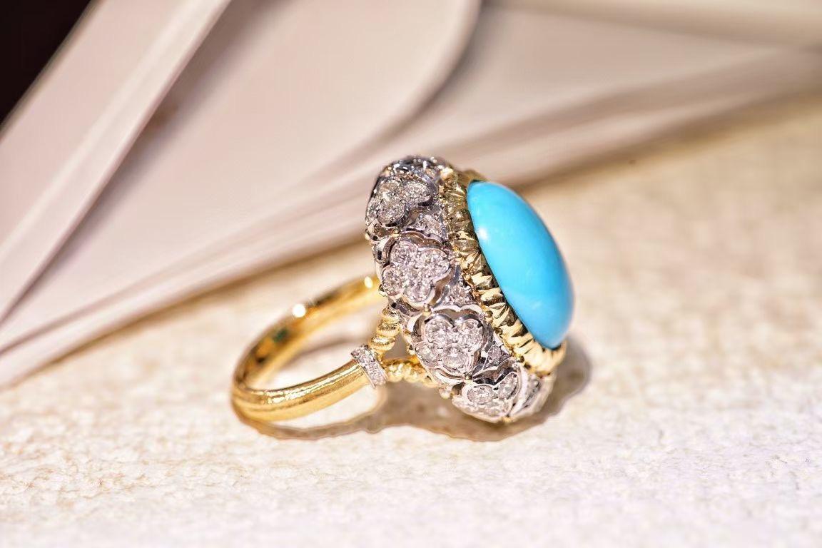 Anillo de oro de 18 quilates de 10,59 quilates de turquesa americana con diamantes en Nuevo estado para la venta en Kowloon, HK