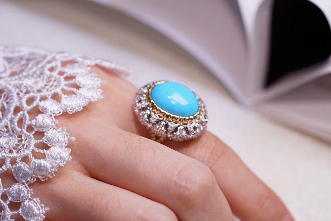 Femenino o masculino Anillo de oro de 18 quilates de 10,59 quilates de turquesa americana con diamantes en venta