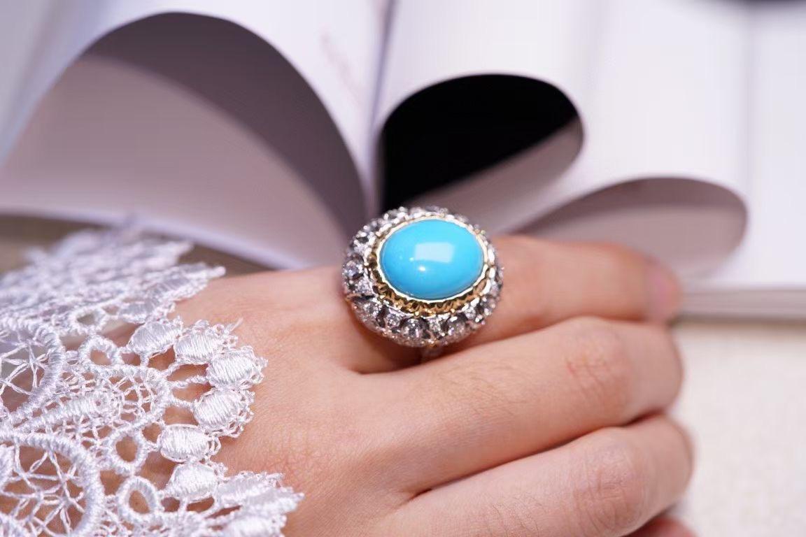 Anillo de oro de 18 quilates de 10,59 quilates de turquesa americana con diamantes en venta 1
