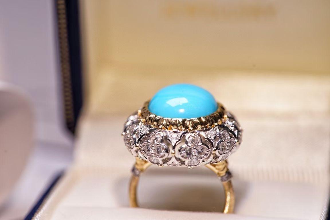Anillo de oro de 18 quilates de 10,59 quilates de turquesa americana con diamantes en venta 2