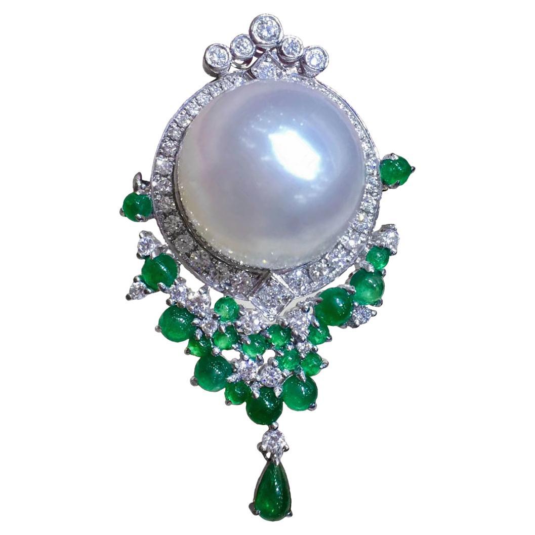 【Crown Radiance】Majestic Bloom Emerald South Sea Pearl Diamond Brooch Pendant