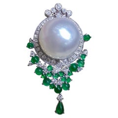 【Crown Radiance】Majestic Bloom Emerald South Sea Pearl Diamond Brooch Pendant