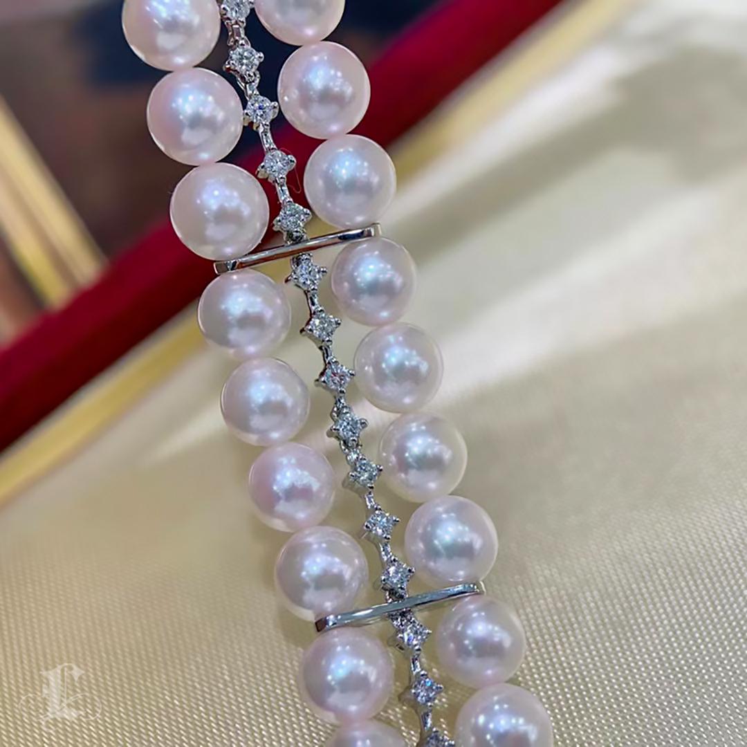 【Geometria scolpita】 Bracciale a doppio filo con perle Akoya e diamanti Lily Grace Baby in vendita 1