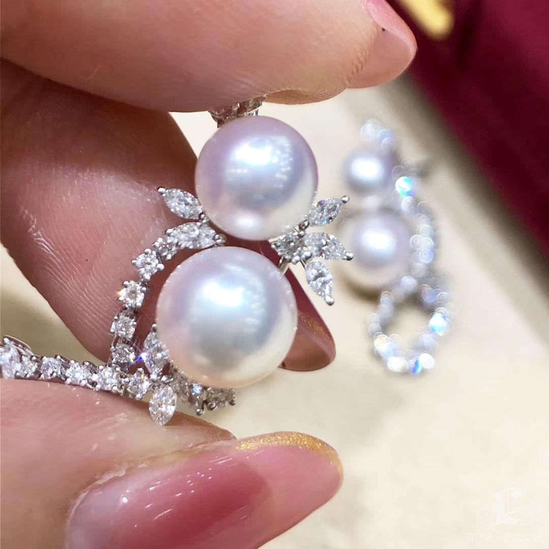 Women's 【Vine Symphony】Diamond Blossom Aurora Akoya Pearl Drop Earrings For Sale