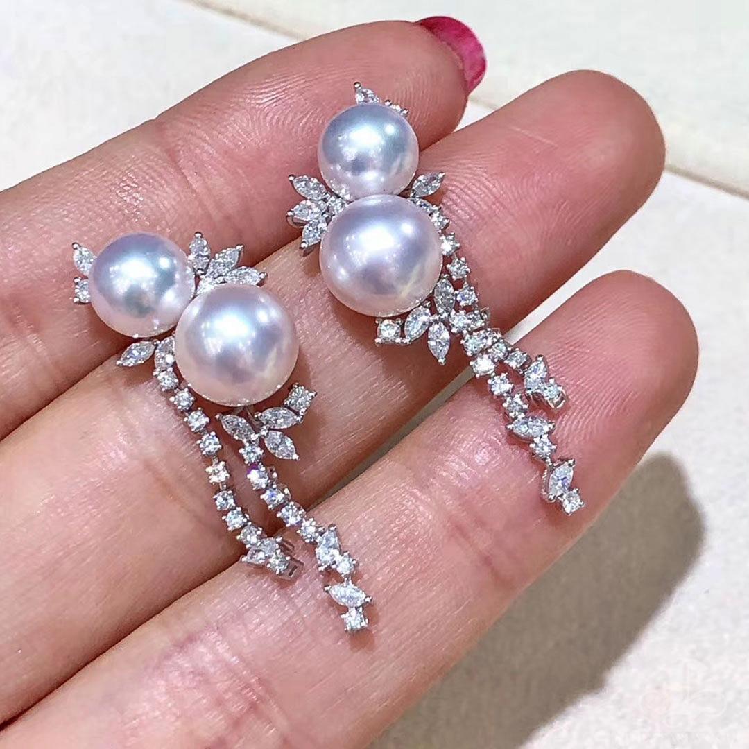 【Vine Symphony】Diamond Blossom Aurora Akoya Pearl Drop Earrings For Sale 1