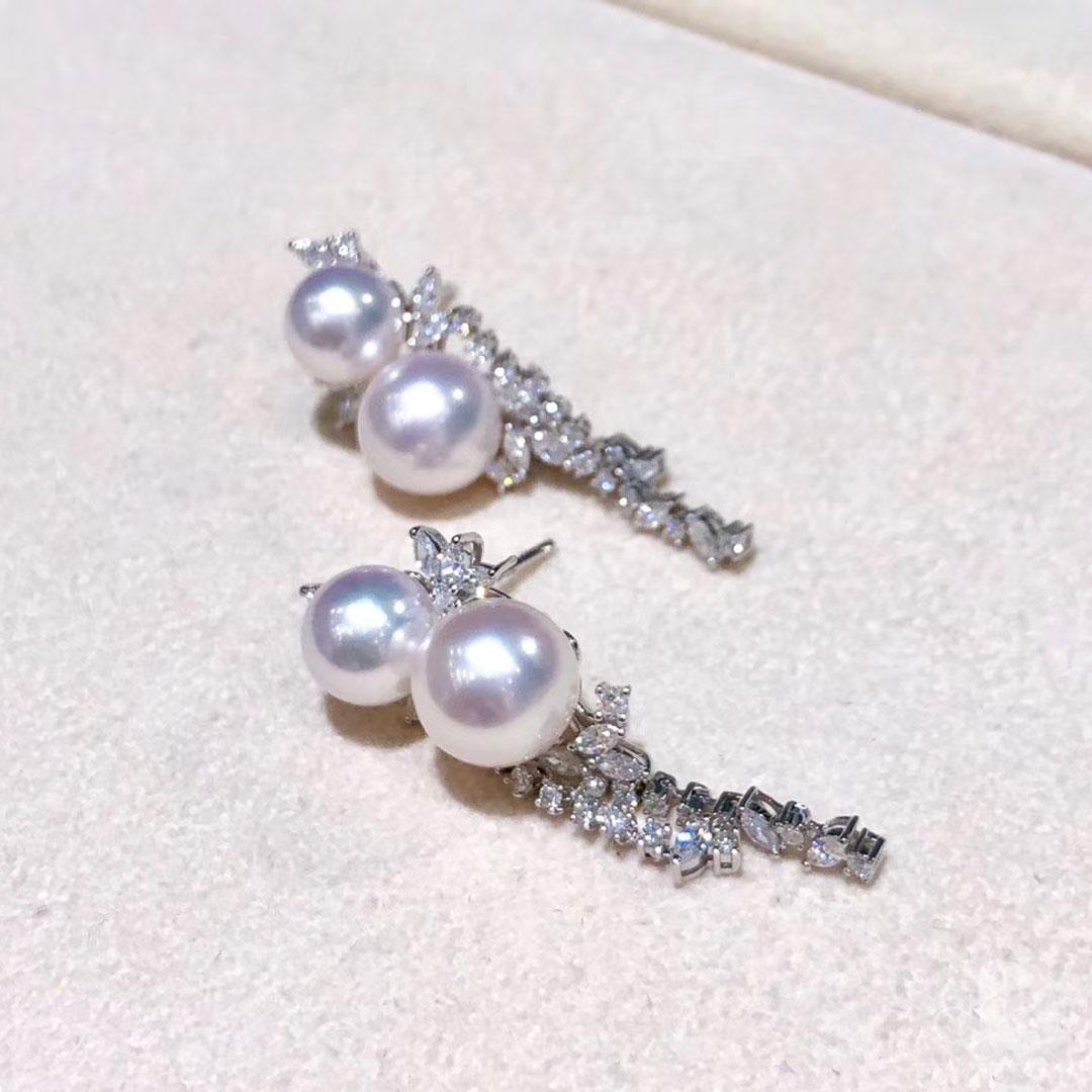 【Vine Symphony】Diamond Blossom Aurora Akoya Pearl Drop Earrings For Sale 3