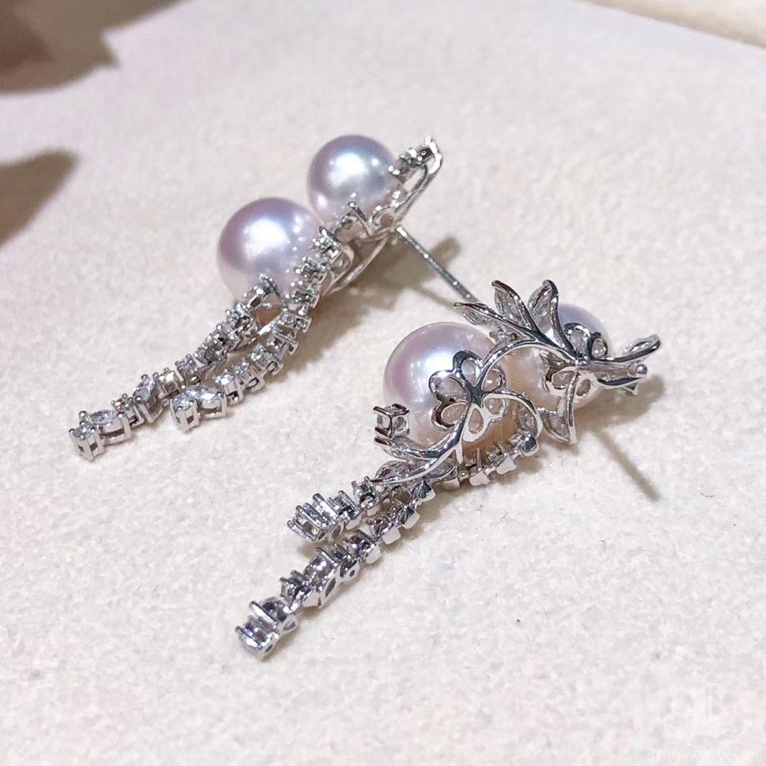 【Vine Symphony】Diamond Blossom Aurora Akoya Pearl Drop Earrings For Sale 4