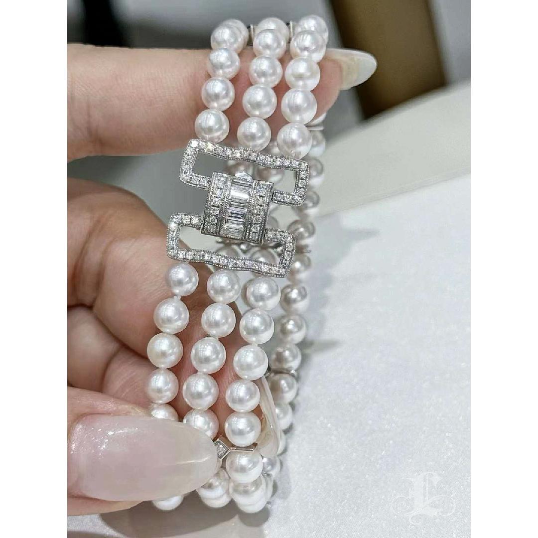 【Sculptured Geometry】Art Deco Diamond Akoya Pearl Triple-Strand Evening Bracelet en vente 2