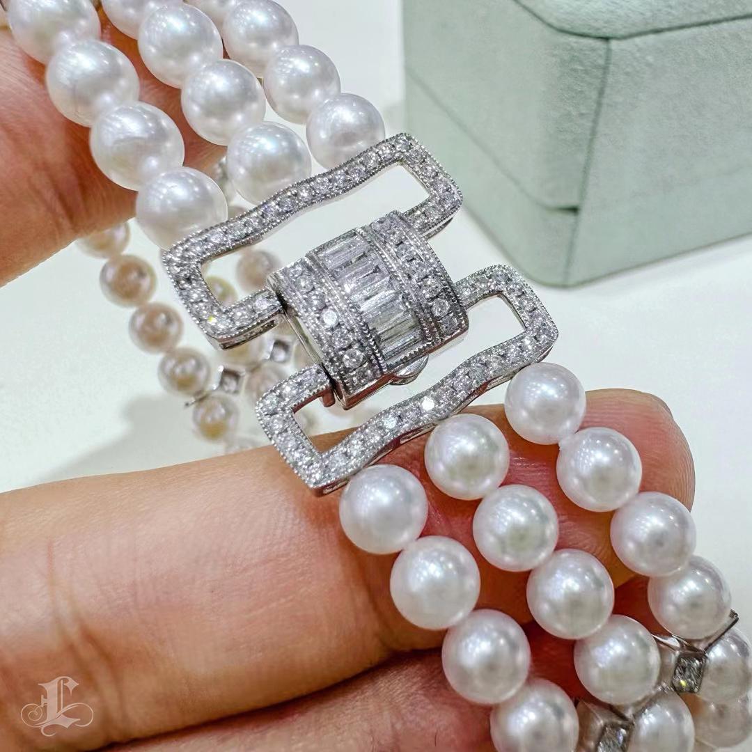 【Sculptured Geometry】Art Deco Diamond Akoya Pearl Triple-Strand Evening Bracelet en vente 3