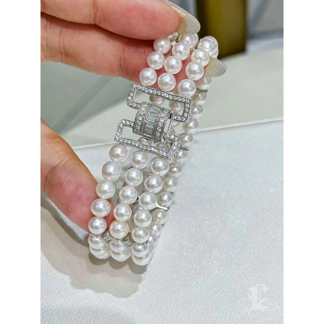 【Sculptured Geometry】Art Deco Diamond Akoya Pearl Triple-Strand Evening Bracelet en vente 5