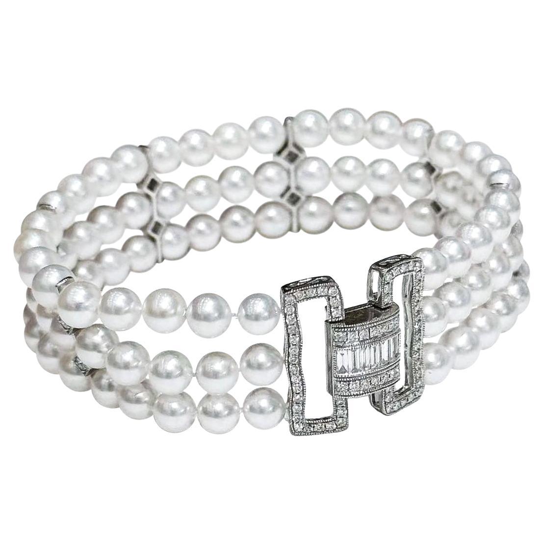 【Sculpted Geometry】Art Deco Diamond Akoya Pearl Triple-Strand Evening Bracelet