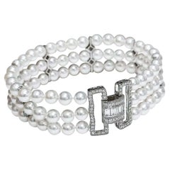 【Sculpted Geometry】Art Deco Diamond Akoya Pearl Triple-Strand Evening Bracelet