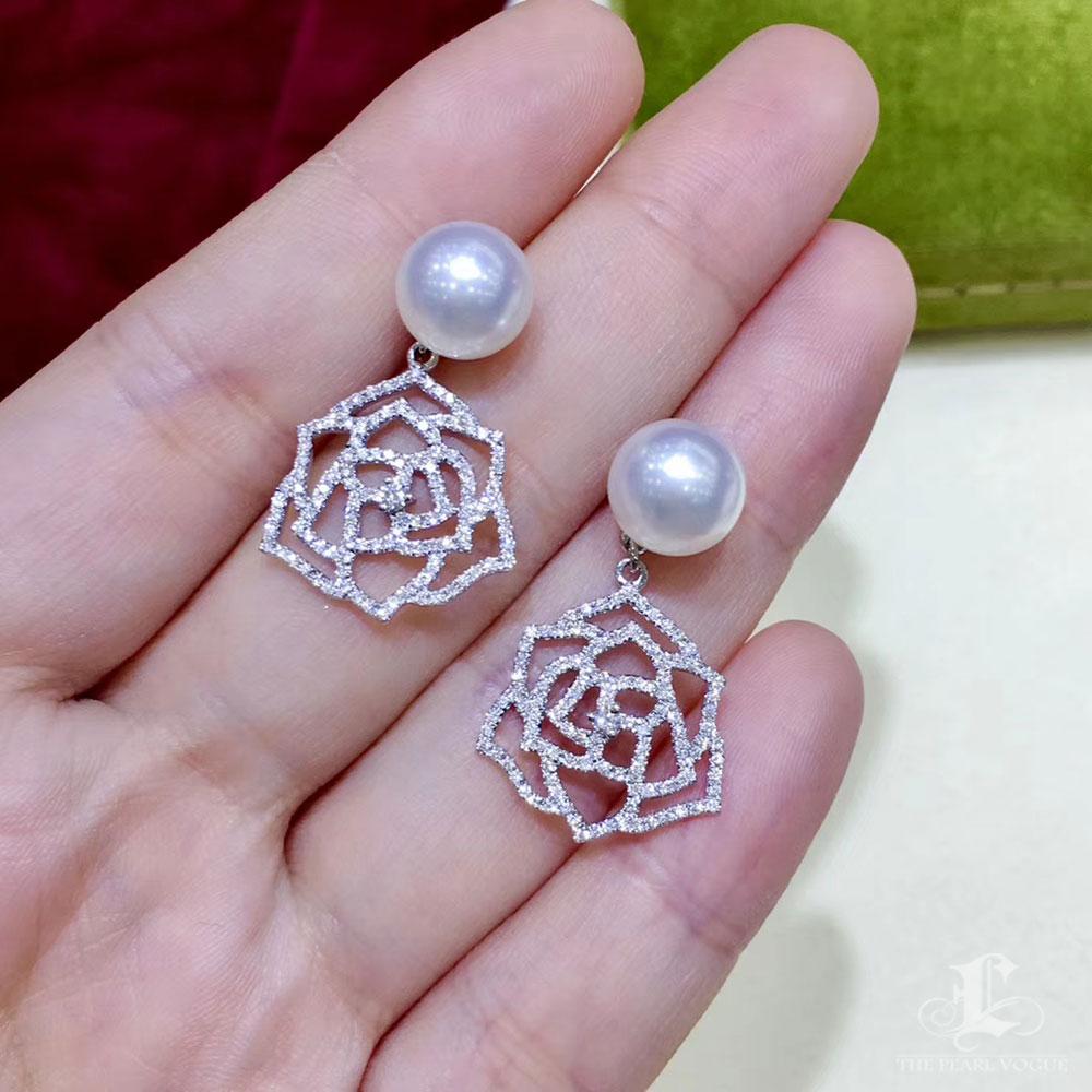 【Vine Symphony】Openwork Rose Aurora South Sea Pearl Diamond Drop Earrings In New Condition For Sale In New York, NY