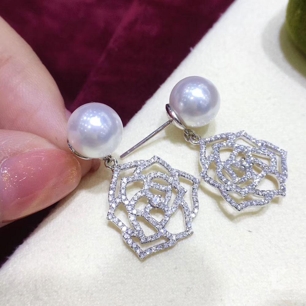 【Vine Symphony】Openwork Rose Aurora South Sea Pearl Diamond Drop Earrings For Sale 1