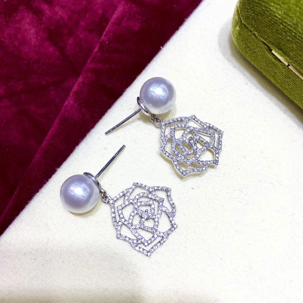 【Vine Symphony】Openwork Rose Aurora South Sea Pearl Diamond Drop Earrings For Sale 3