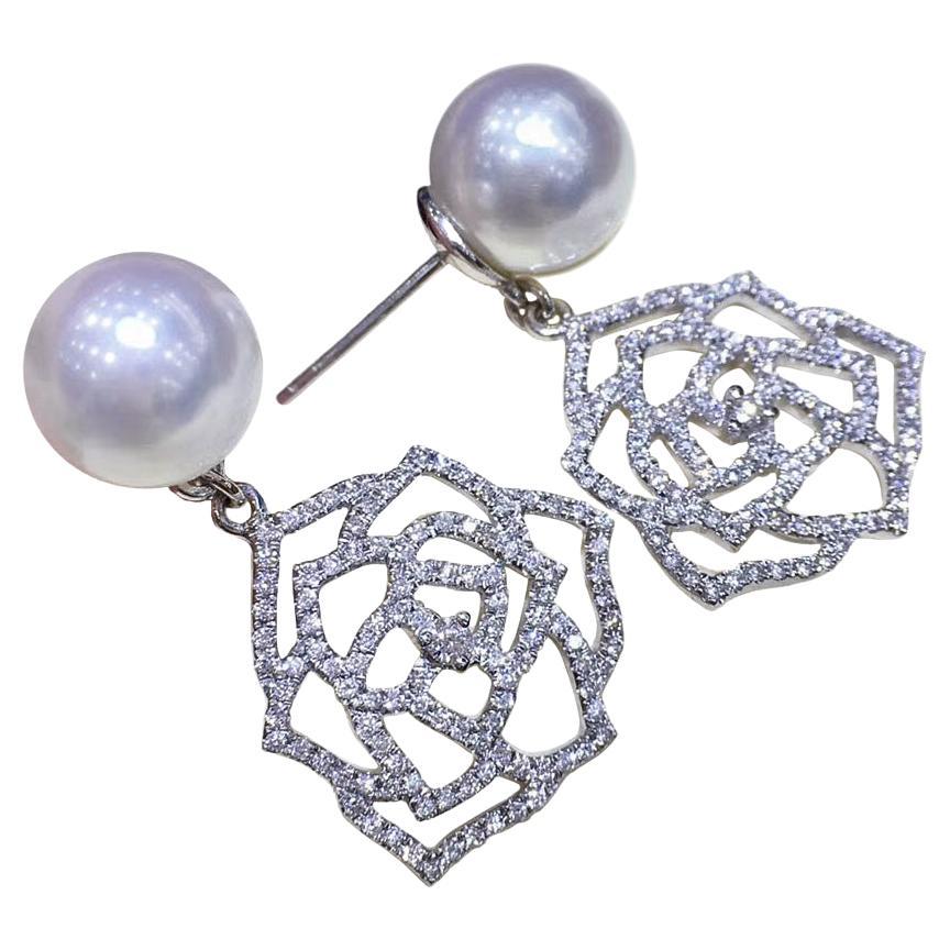 【Vine Symphony】Openwork Rose Aurora South Sea Pearl Diamond Drop Earrings