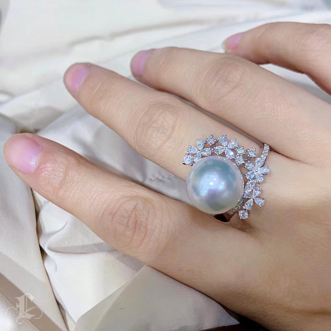 Uncut 【Vine Symphony】Blossom Arc Aurora South Sea Pearl Diamond Ring For Sale