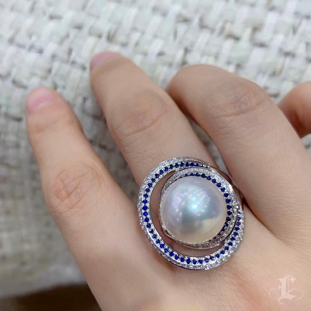 Uncut 【Crown Radiance】Celestial Orbit South Sea Pearl, Diamond & Sapphire Ring For Sale