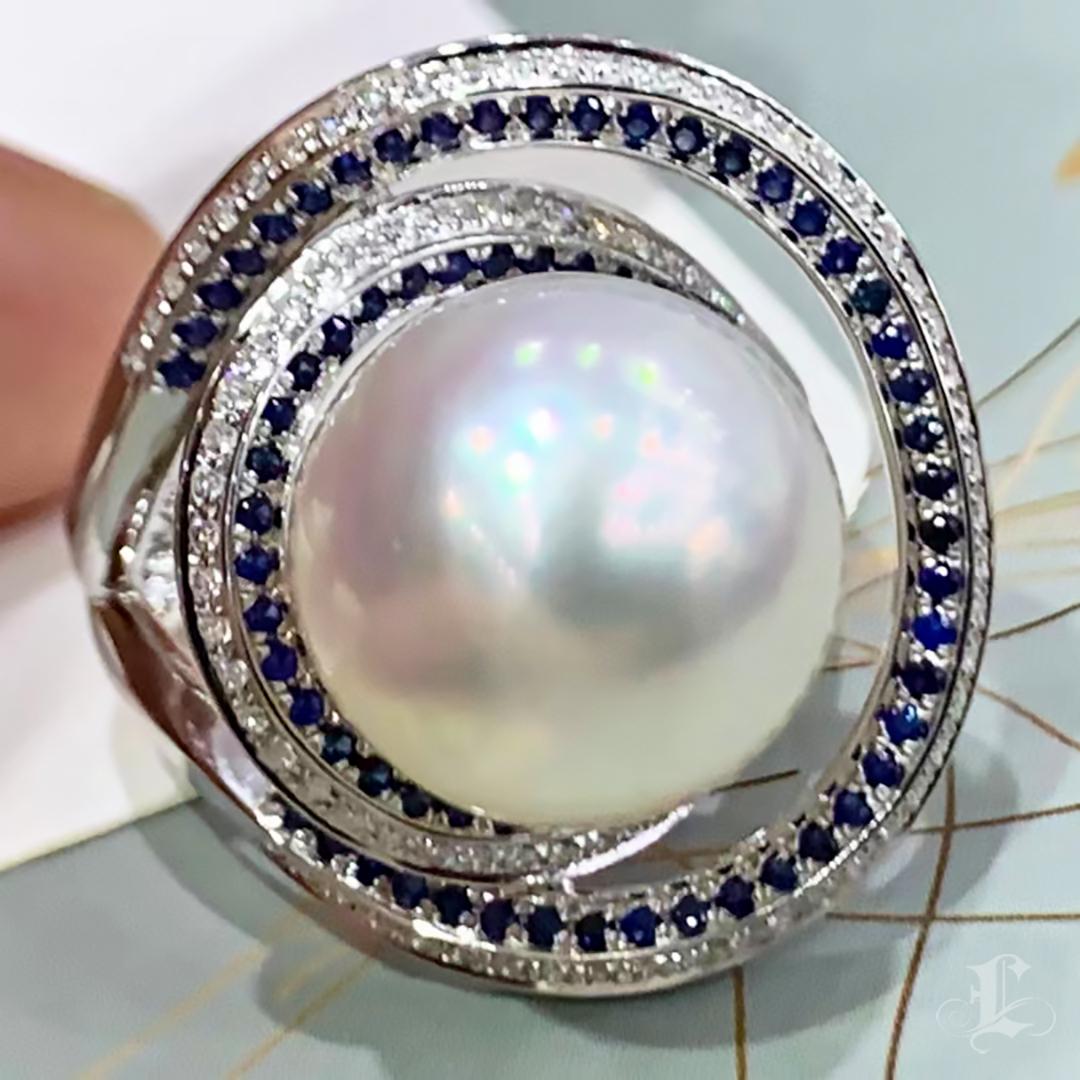 【Crown Radiance】Celestial Orbit South Sea Pearl, Diamond & Sapphire Ring In New Condition For Sale In New York, NY