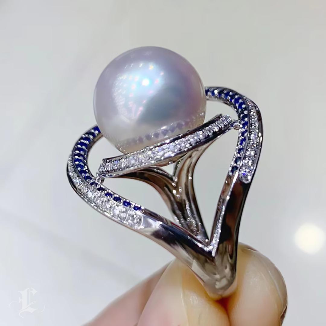 Women's 【Crown Radiance】Celestial Orbit South Sea Pearl, Diamond & Sapphire Ring For Sale