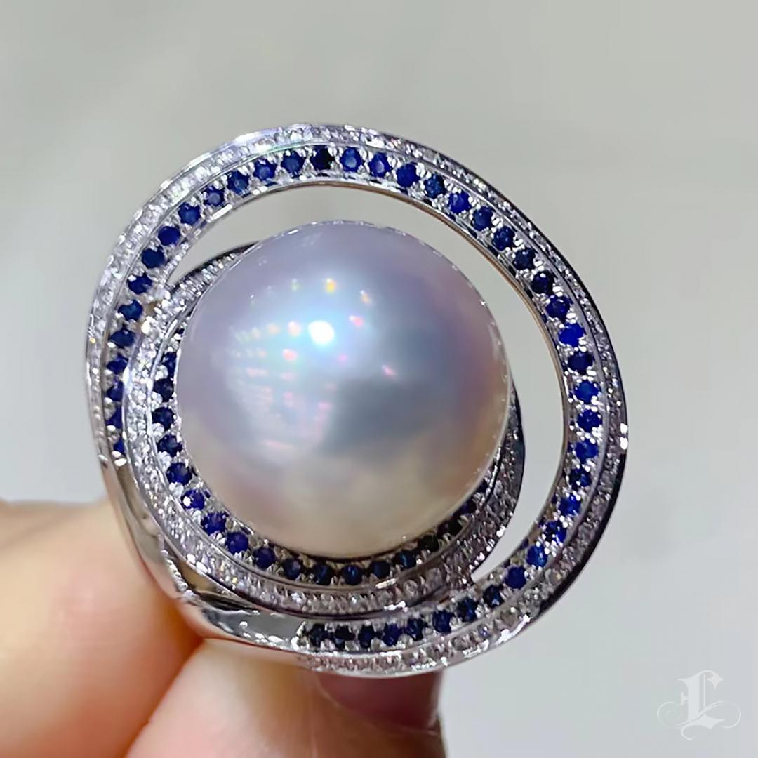【Crown Radiance】Celestial Orbit South Sea Pearl, Diamond & Sapphire Ring For Sale 2