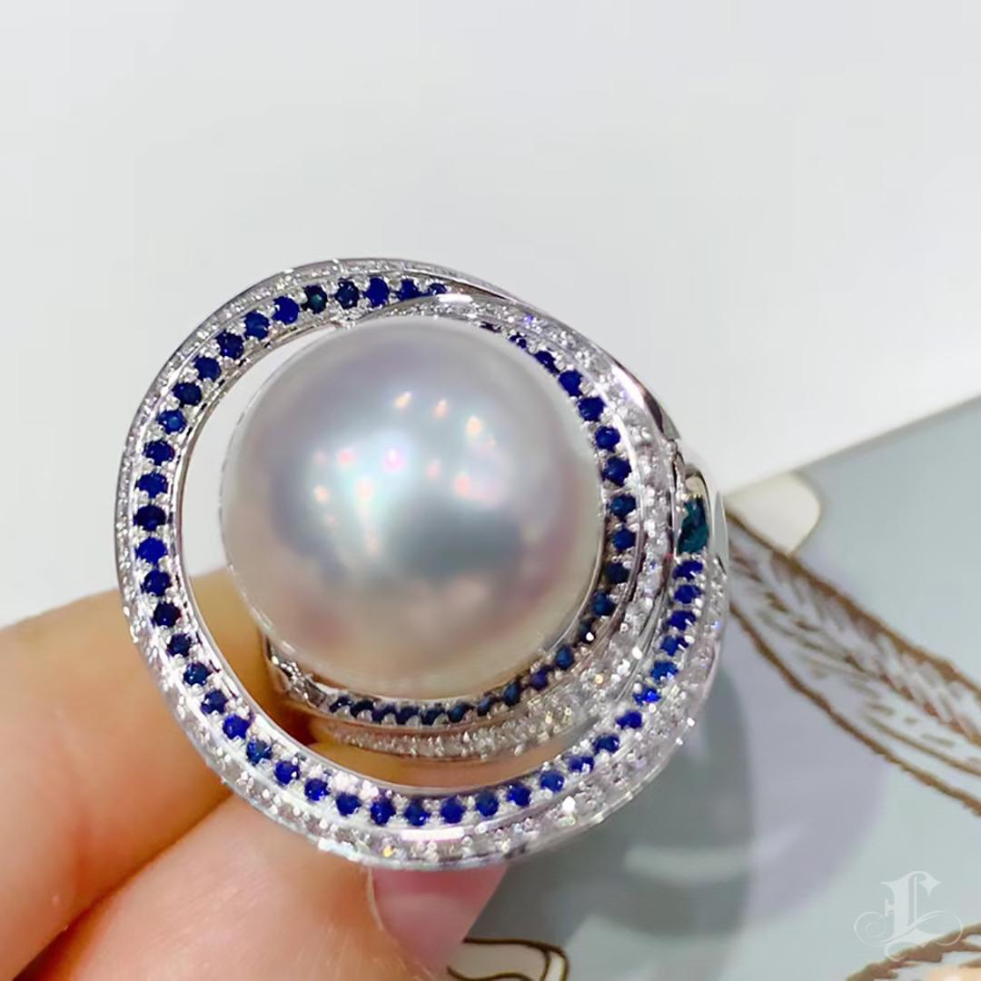 【Crown Radiance】Celestial Orbit South Sea Pearl, Diamond & Sapphire Ring For Sale 3