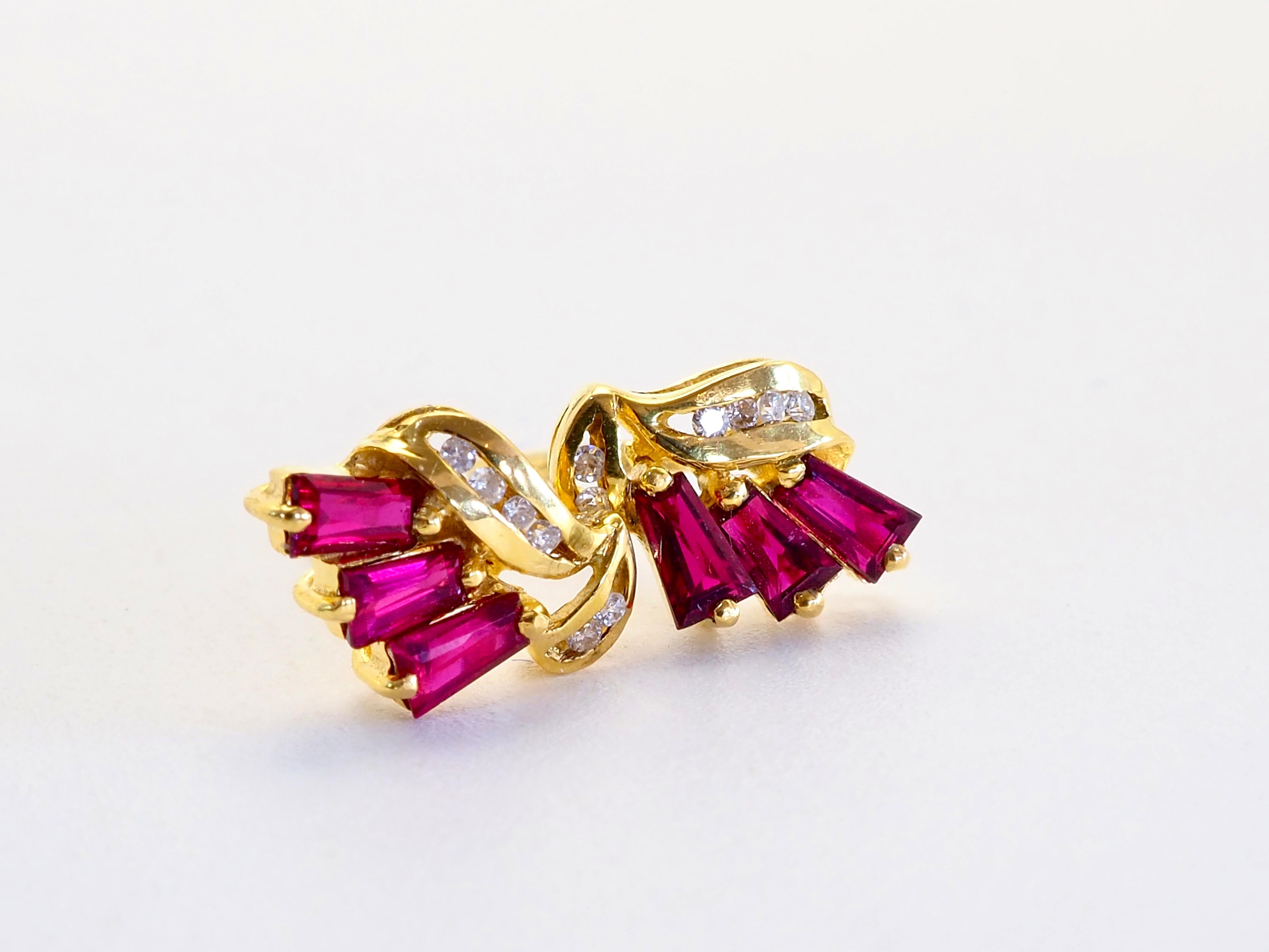 Lovely and rare 6 pieces of tapered baguette rubies of decent shine and brilliance with vivid red color is a treat for the eye. Diamonds are bright and lively. Red winged fairy.
 
Product Details:

Metal: 18k Solid Gold
Metal Color: Yellow