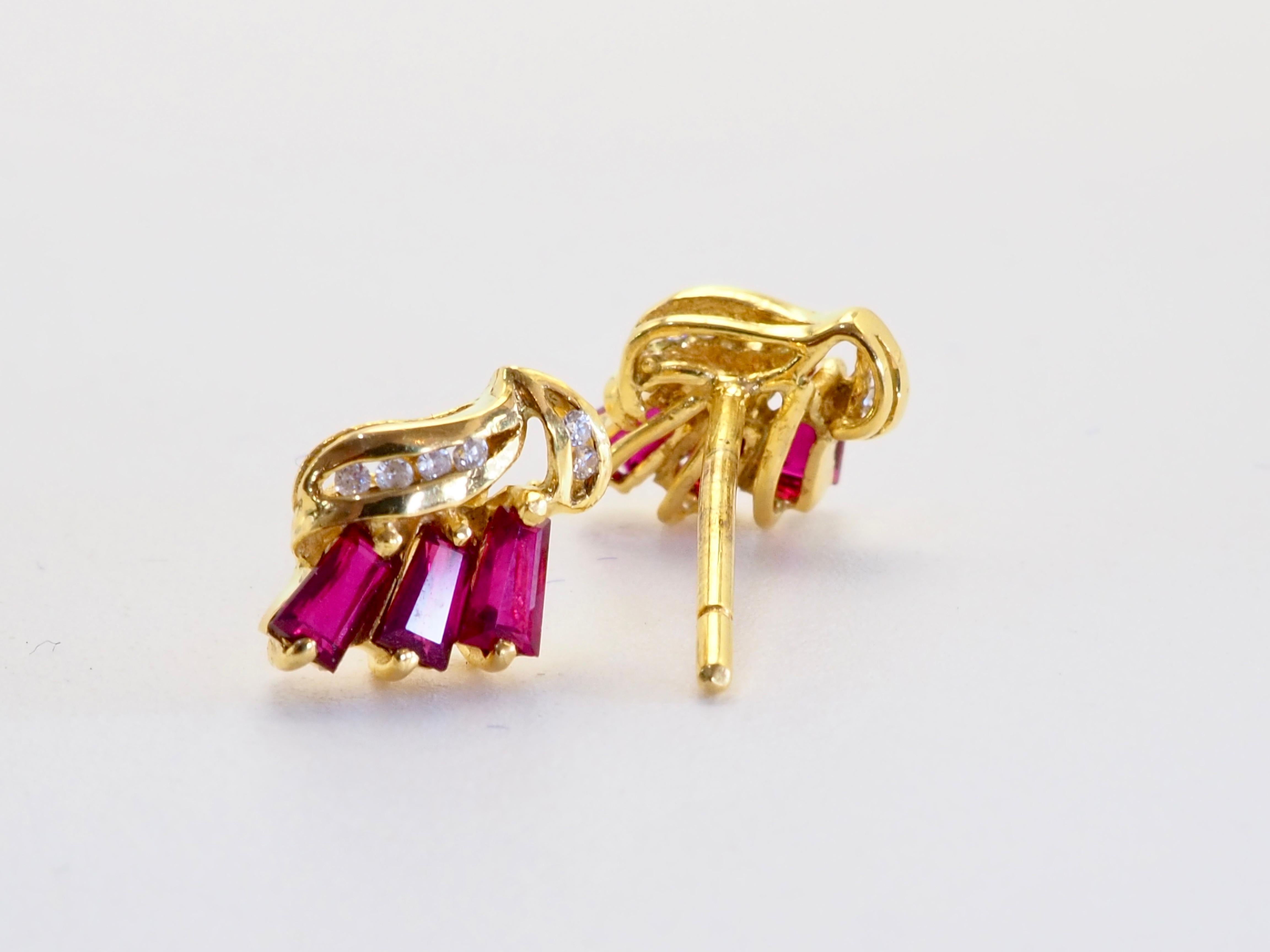 Oval Cut 18K Gold 1.05ct Red Ruby & 0.06ct Diamond Winged Stud Earrings For Sale
