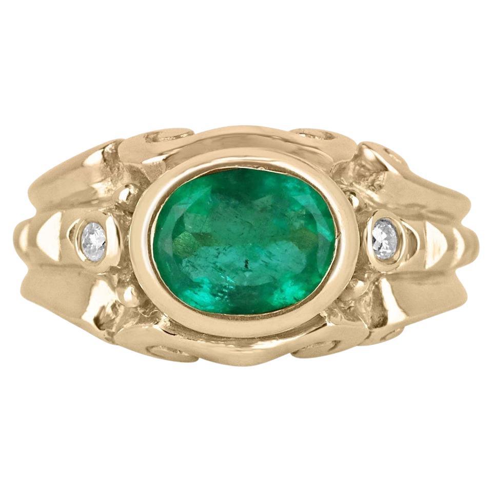 18K Gold 1.05tcw Oval Colombian Emerald & Diamond Ring, Antique Bezel Set Design