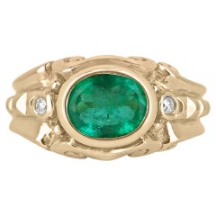 Anillo de oro de 18 quilates con esmeralda colombiana ovalada de 1,05 quilates y diamantes, diseño antiguo engastado en bisel