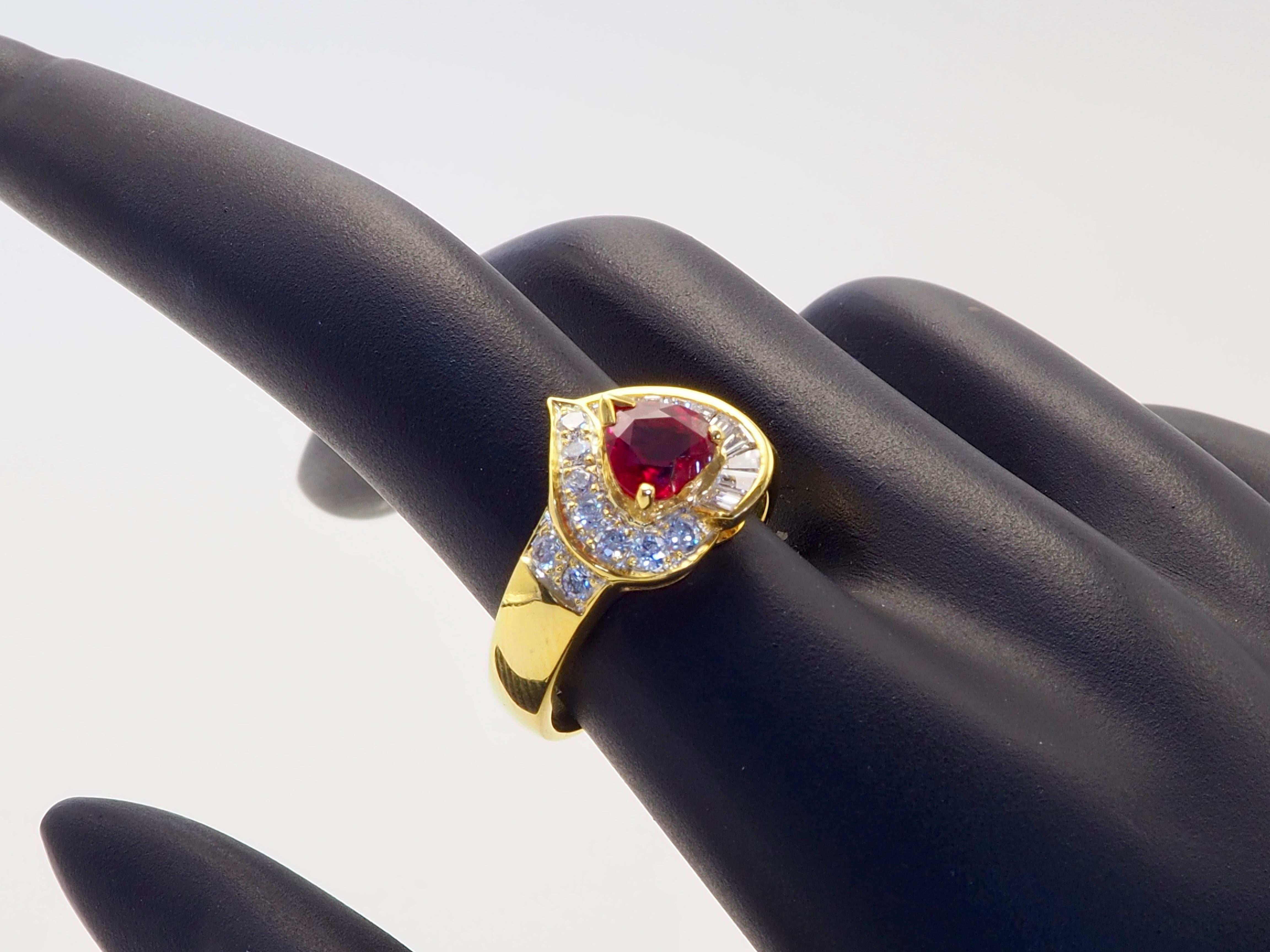 18K Gold 1.06ct Heart Pigeon's Blood Ruby & 0.58ct Diamond Fine Ring For Sale 2