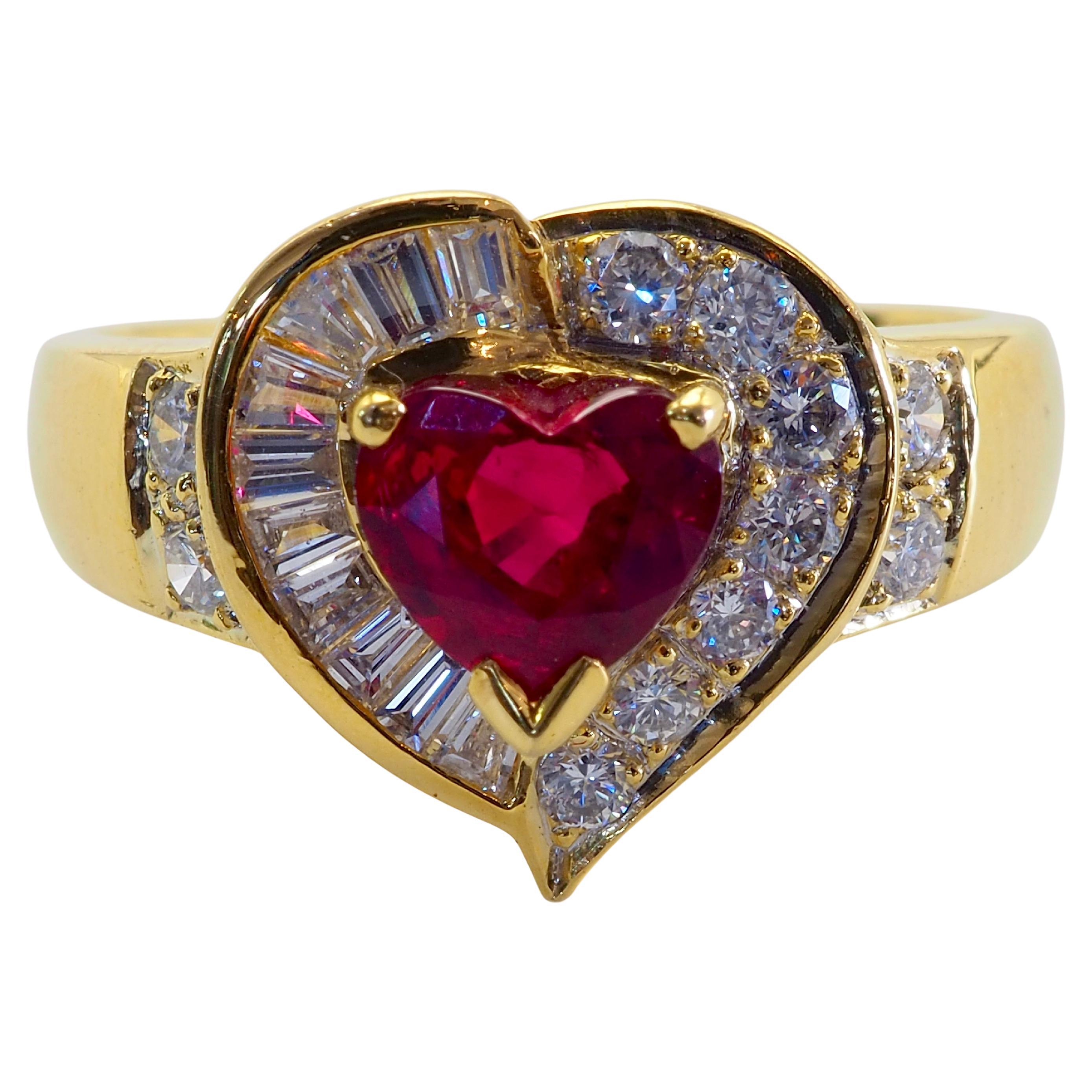 18K Gold 1.06ct Heart Pigeon's Blood Ruby & 0.58ct Diamond Fine Ring