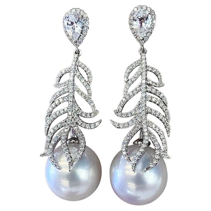 【Crown Radiance】Feather-Line Aurora South Sea Pearl Diamond Evening Earrings For Sale