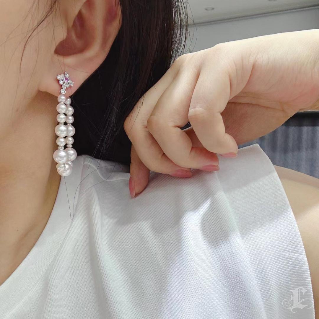 Uncut 【Crown Radiance】Bloom Loop Aurora Akoya Pearl Diamond Sapphire Drop Earrings For Sale