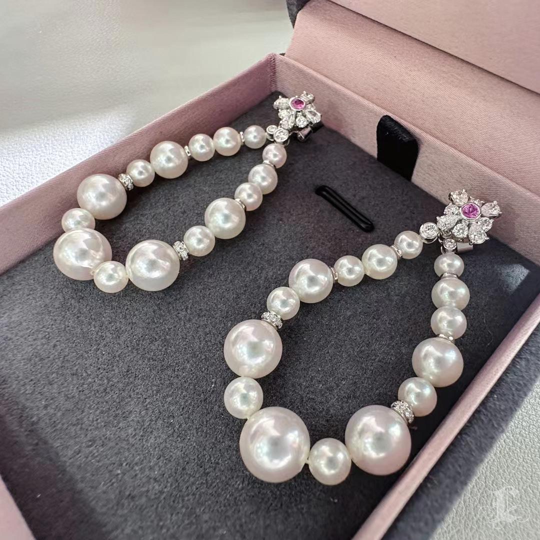 Women's 【Crown Radiance】Bloom Loop Aurora Akoya Pearl Diamond Sapphire Drop Earrings For Sale